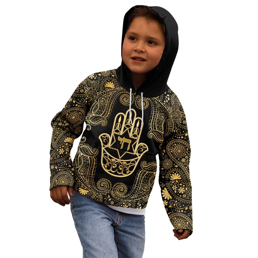 Jewish Hamsa Chai Kid Hoodie Gold Paisley Pattern