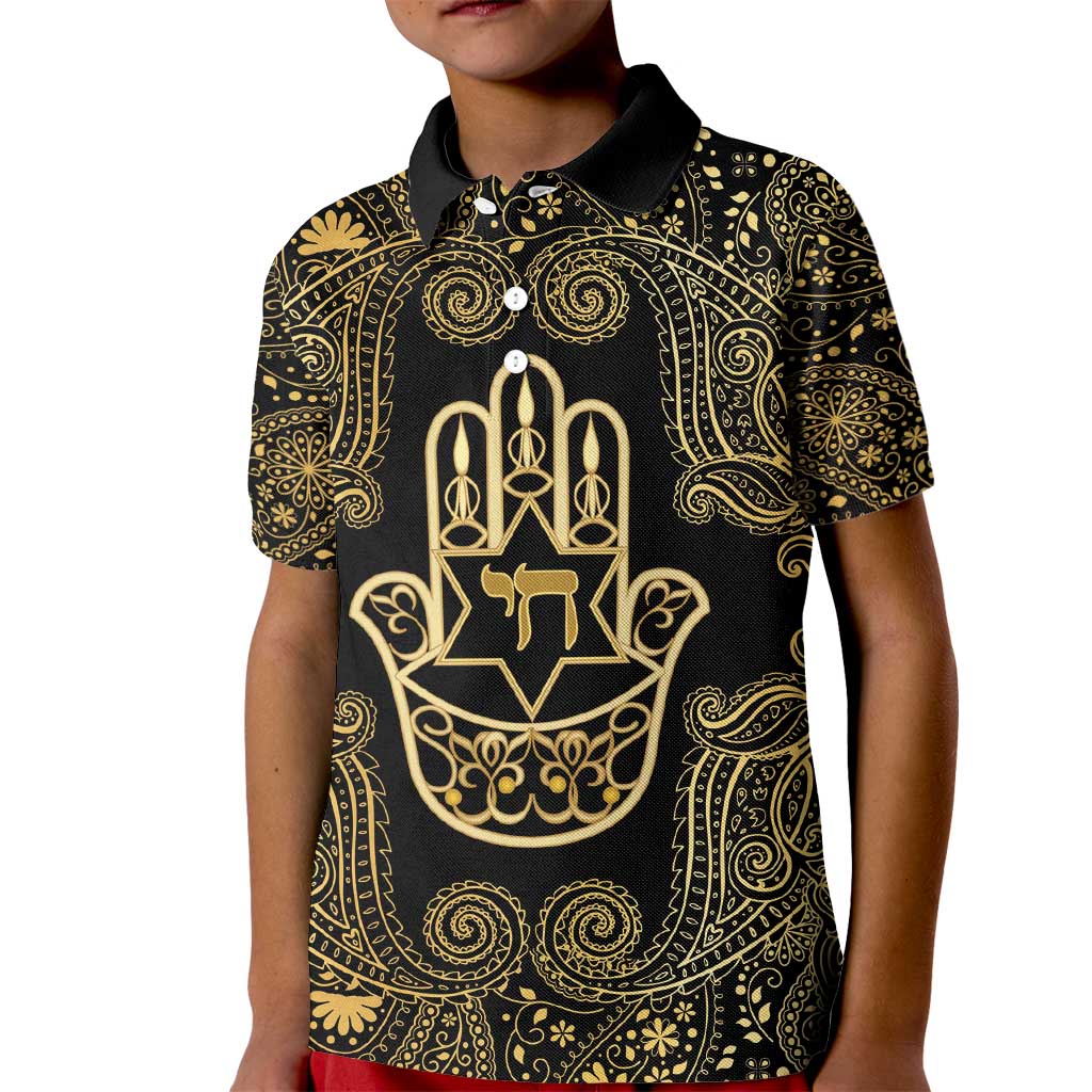 Jewish Hamsa Chai Kid Polo Shirt Gold Paisley Pattern