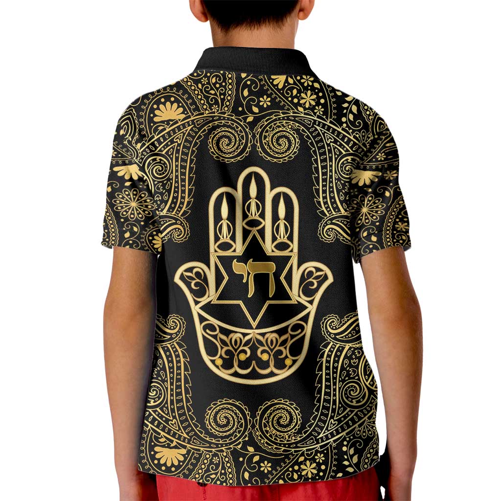Jewish Hamsa Chai Kid Polo Shirt Gold Paisley Pattern