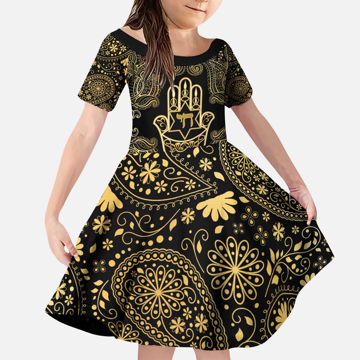 Jewish Hamsa Chai Kid Short Sleeve Dress Gold Paisley Pattern