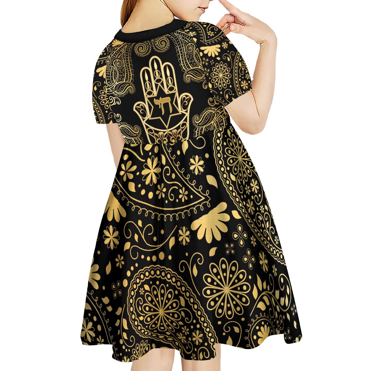 Jewish Hamsa Chai Kid Short Sleeve Dress Gold Paisley Pattern
