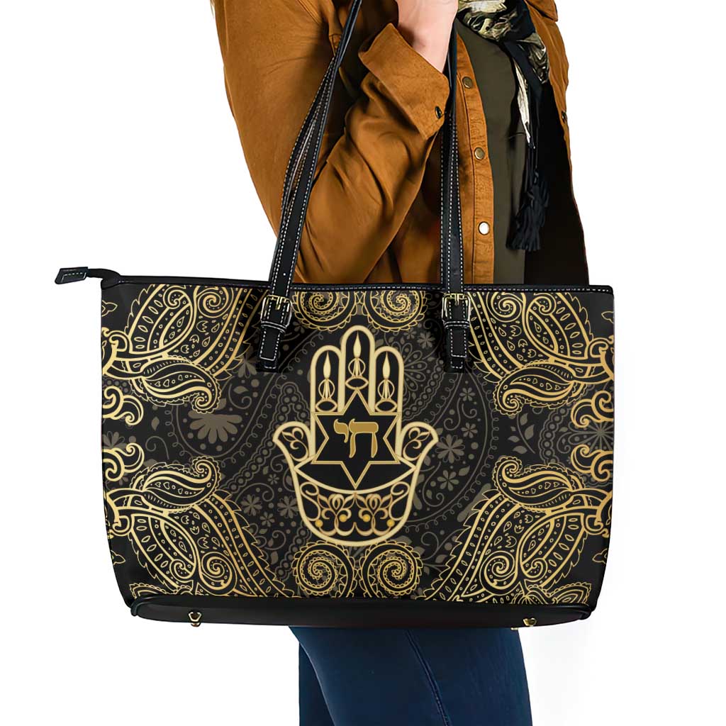 Jewish Hamsa Chai Leather Tote Bag Gold Paisley Pattern