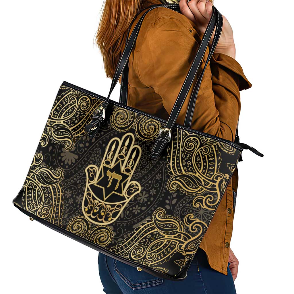 Jewish Hamsa Chai Leather Tote Bag Gold Paisley Pattern