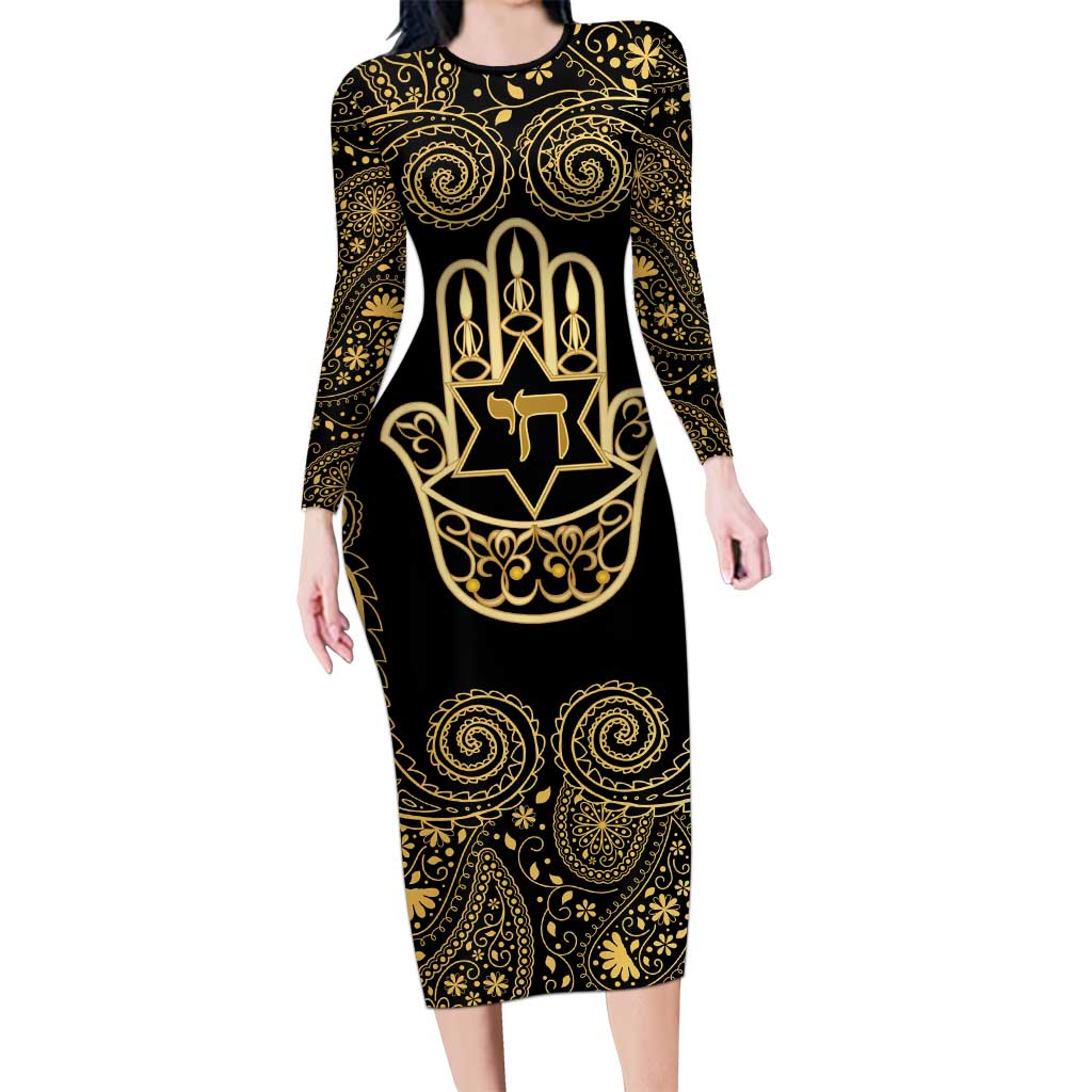 Jewish Hamsa Chai Long Sleeve Bodycon Dress Gold Paisley Pattern