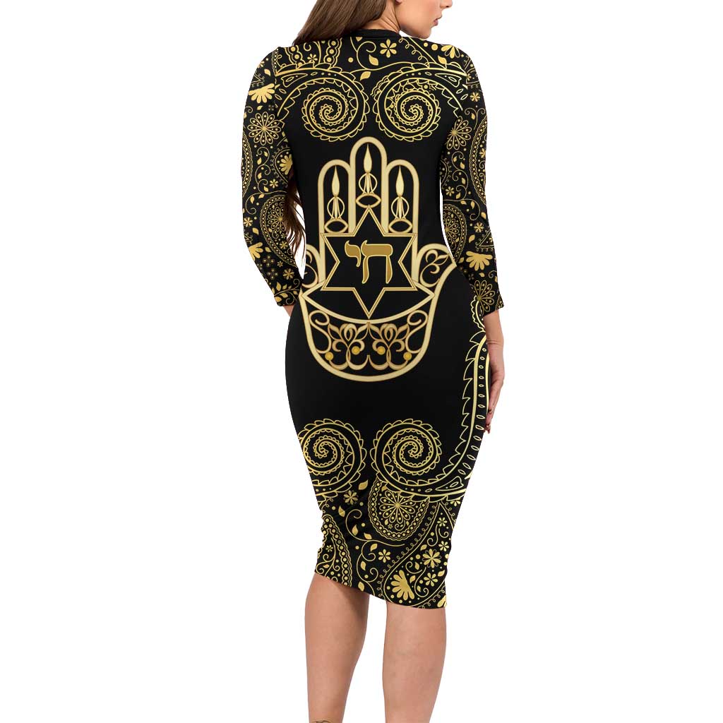Jewish Hamsa Chai Long Sleeve Bodycon Dress Gold Paisley Pattern
