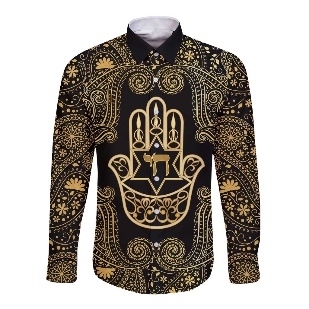 Jewish Hamsa Chai Long Sleeve Button Shirt Gold Paisley Pattern
