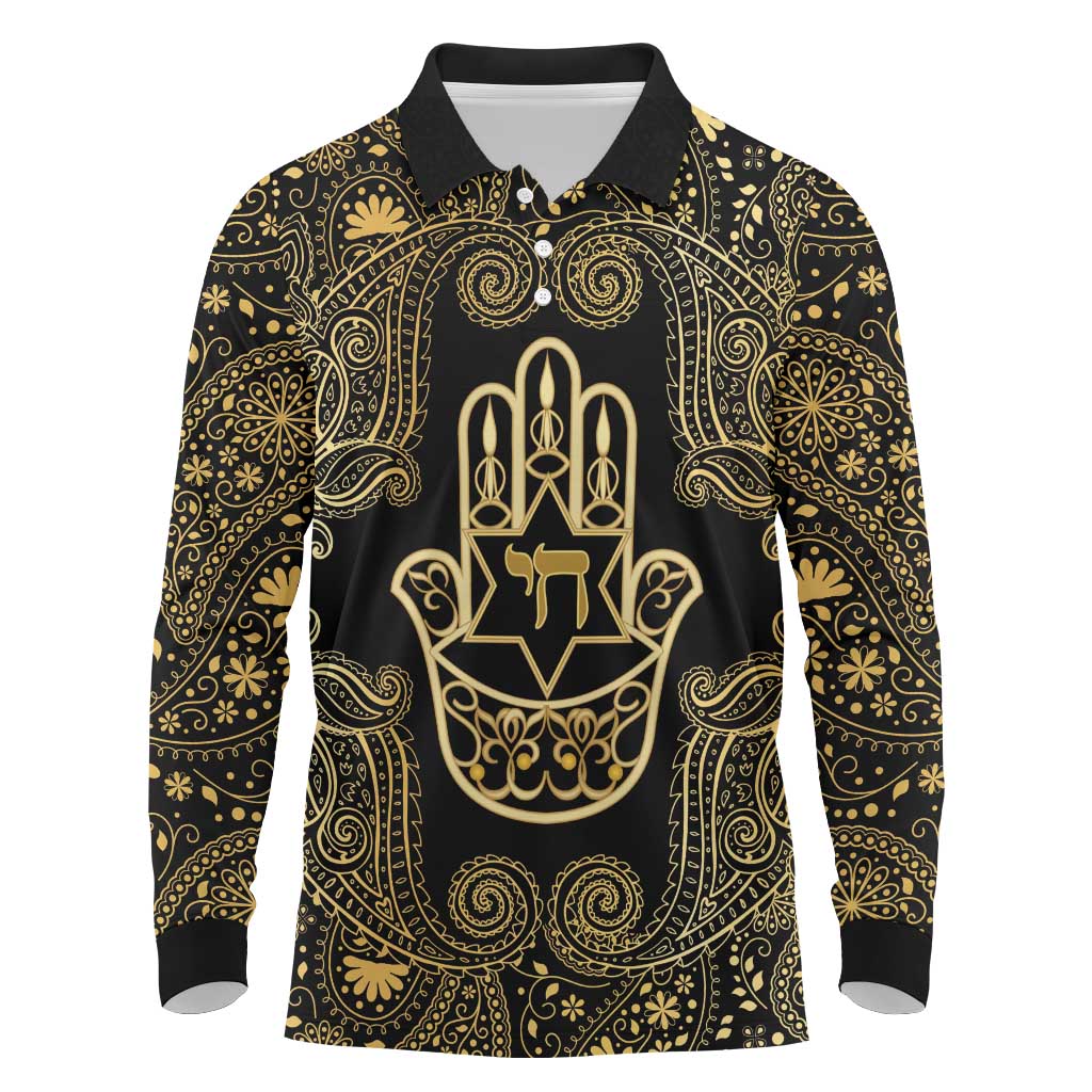 Jewish Hamsa Chai Long Sleeve Polo Shirt Gold Paisley Pattern