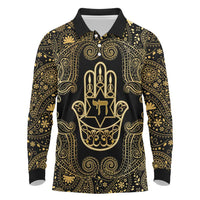 Jewish Hamsa Chai Long Sleeve Polo Shirt Gold Paisley Pattern
