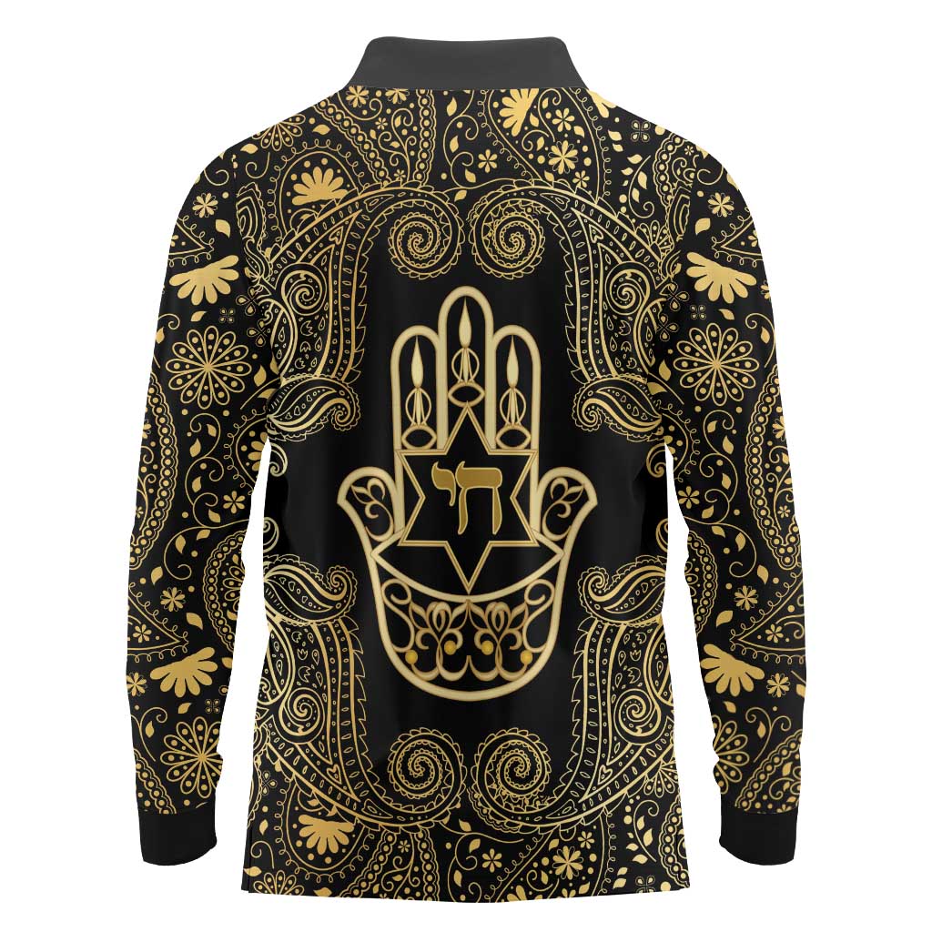 Jewish Hamsa Chai Long Sleeve Polo Shirt Gold Paisley Pattern