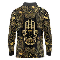 Jewish Hamsa Chai Long Sleeve Polo Shirt Gold Paisley Pattern