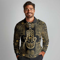 Jewish Hamsa Chai Long Sleeve Polo Shirt Gold Paisley Pattern