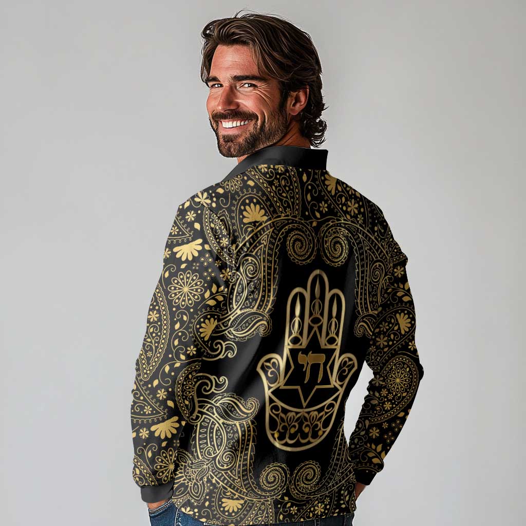 Jewish Hamsa Chai Long Sleeve Polo Shirt Gold Paisley Pattern