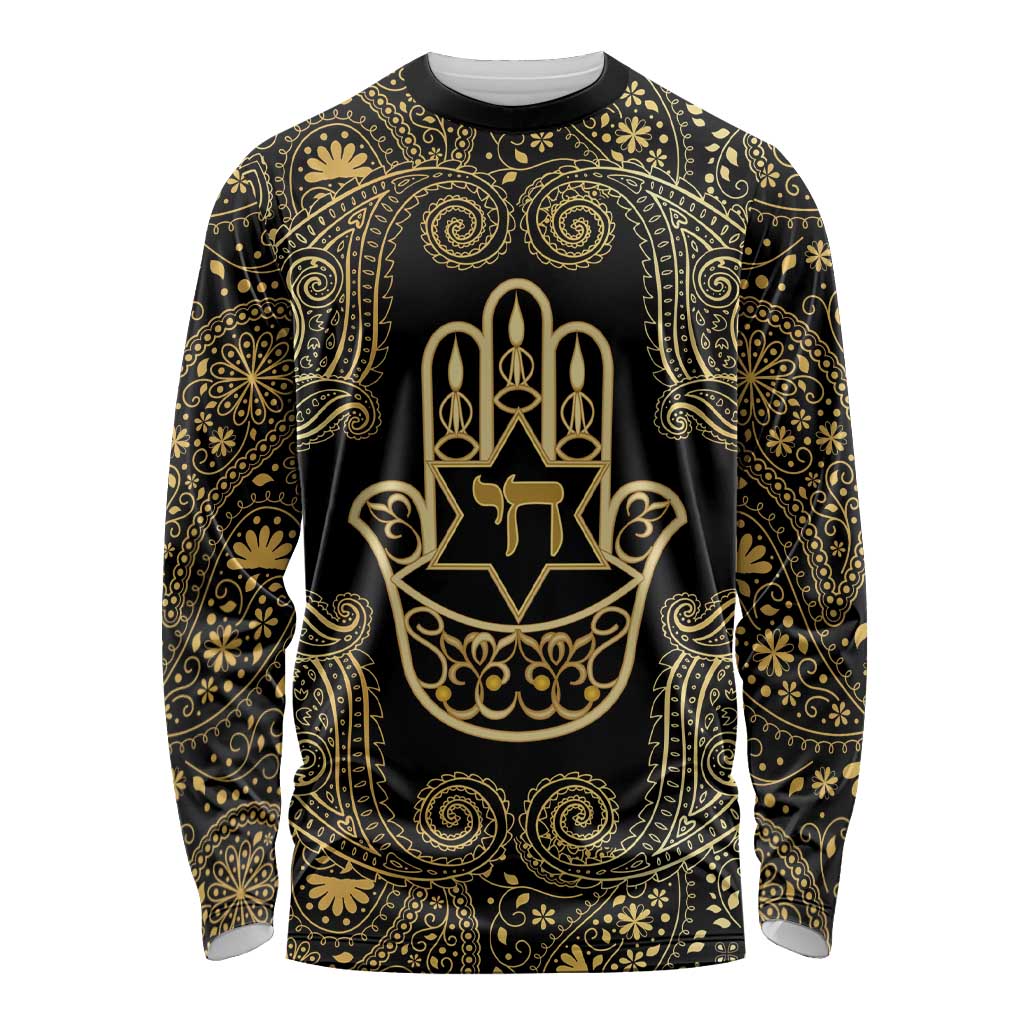 Jewish Hamsa Chai Long Sleeve Shirt Gold Paisley Pattern