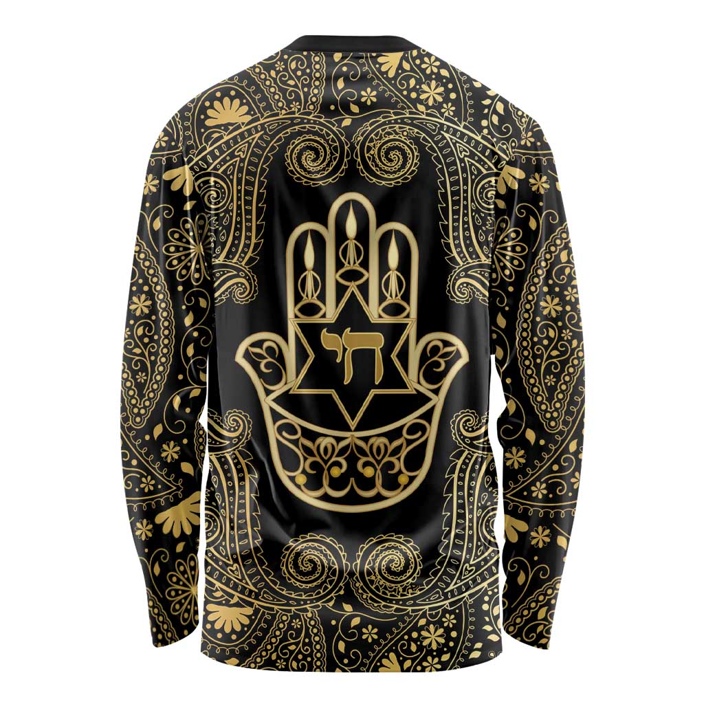 Jewish Hamsa Chai Long Sleeve Shirt Gold Paisley Pattern