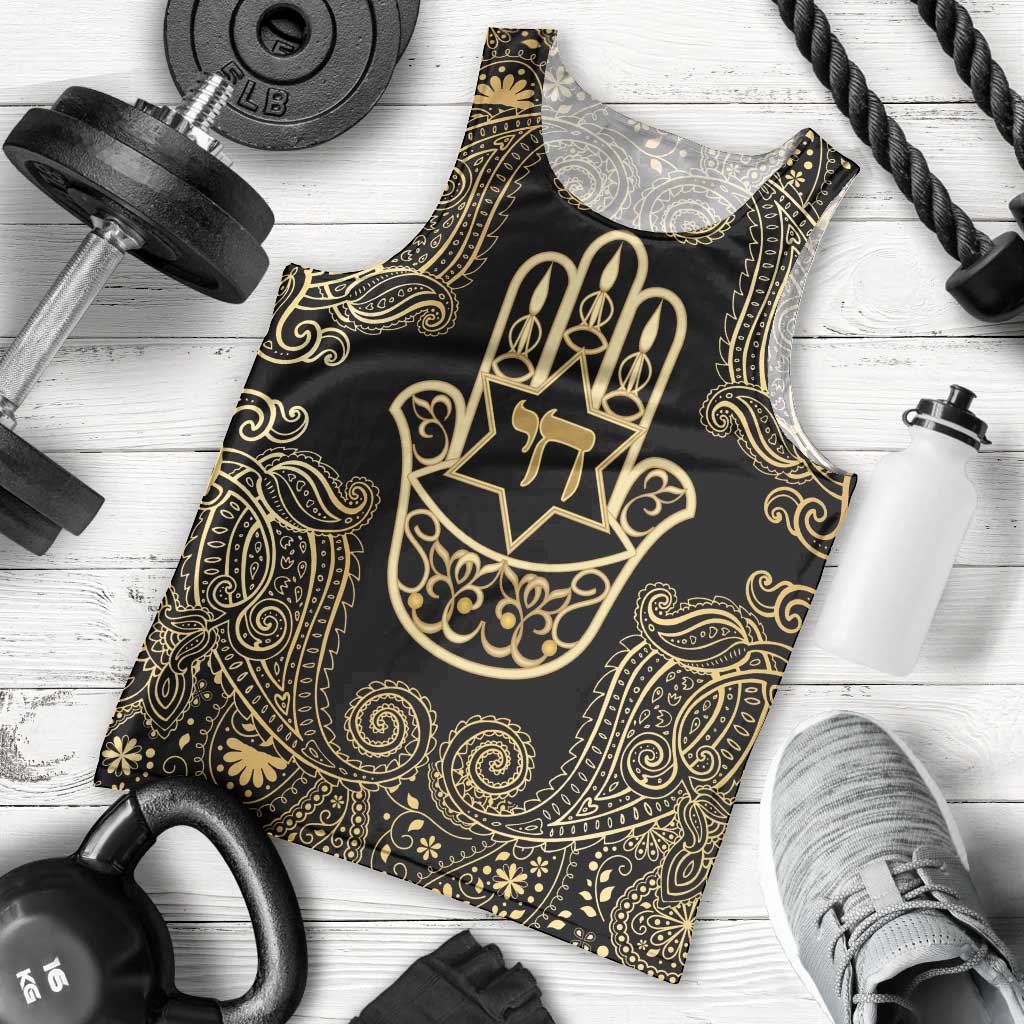 Jewish Hamsa Chai Men Tank Top Gold Paisley Pattern