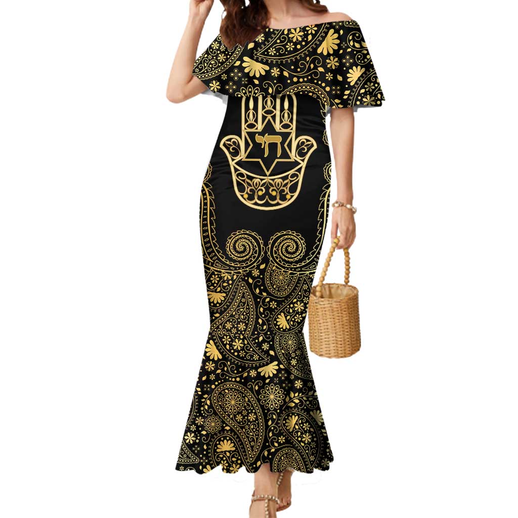 Jewish Hamsa Chai Mermaid Dress Gold Paisley Pattern