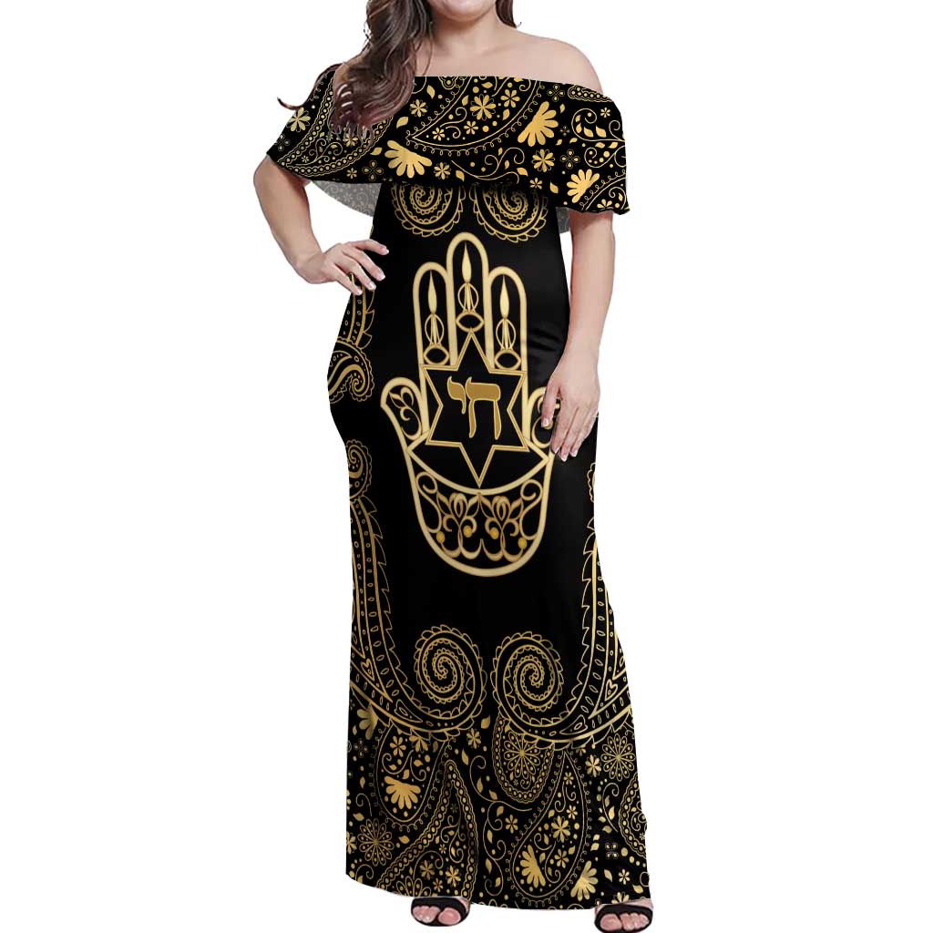 Jewish Hamsa Chai Off Shoulder Maxi Dress Gold Paisley Pattern
