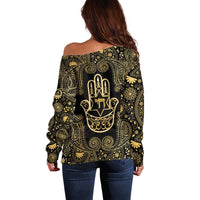 Jewish Hamsa Chai Off Shoulder Sweater Gold Paisley Pattern