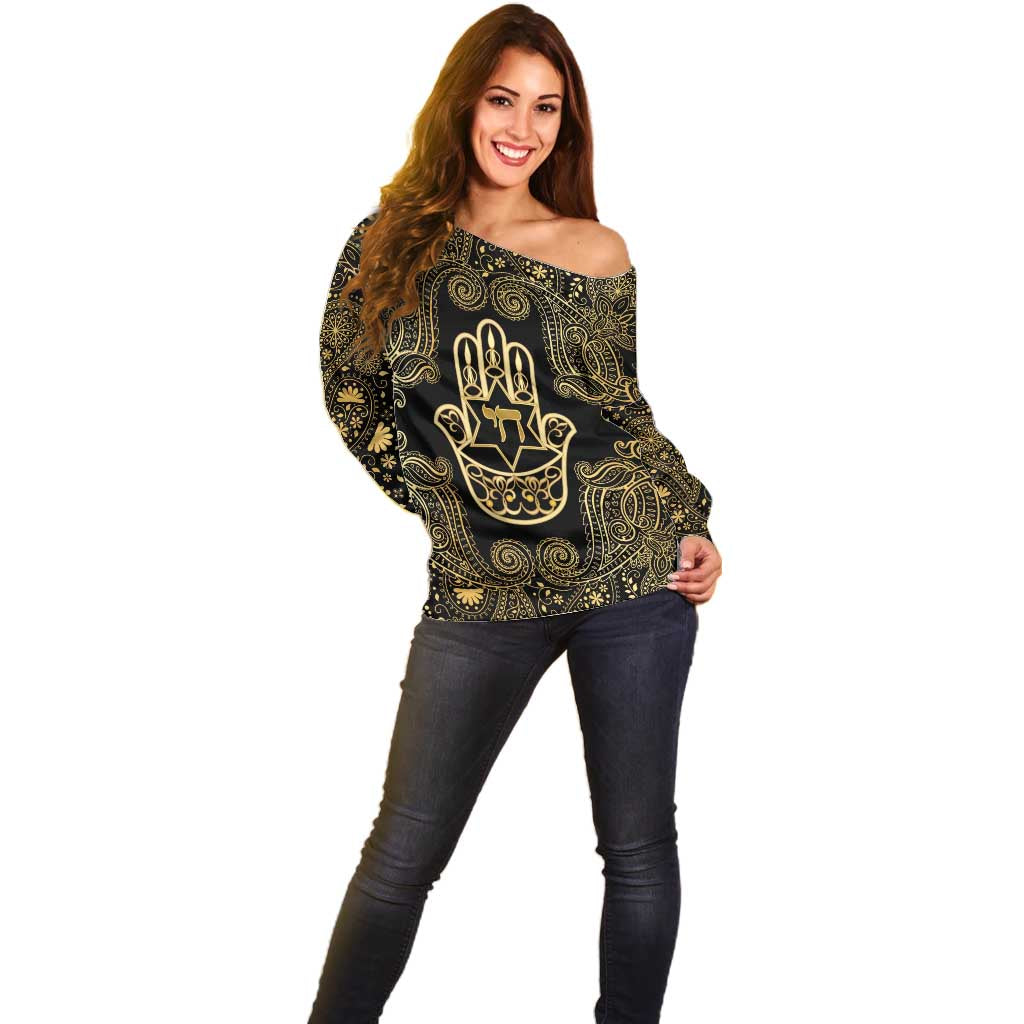 Jewish Hamsa Chai Off Shoulder Sweater Gold Paisley Pattern