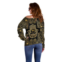 Jewish Hamsa Chai Off Shoulder Sweater Gold Paisley Pattern