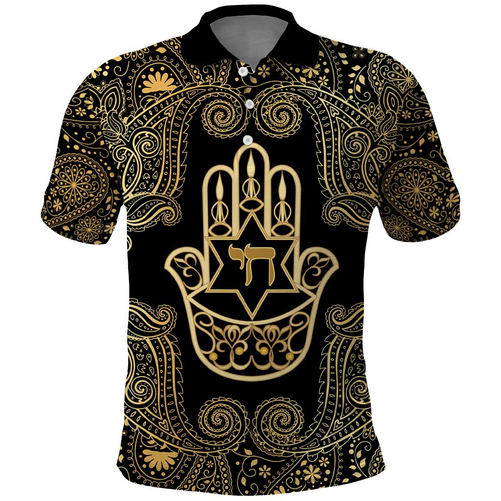 Jewish Hamsa Chai Polo Shirt Gold Paisley Pattern