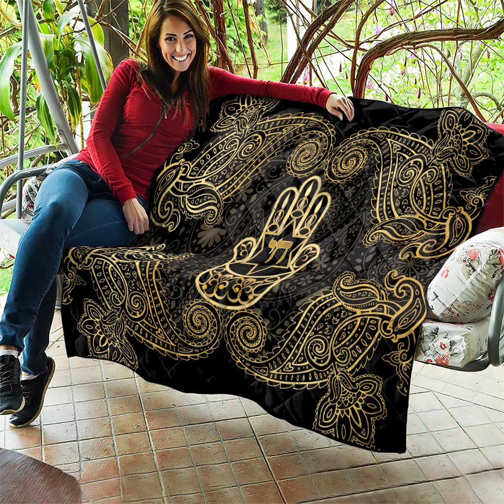 Jewish Hamsa Chai Quilt Gold Paisley Pattern