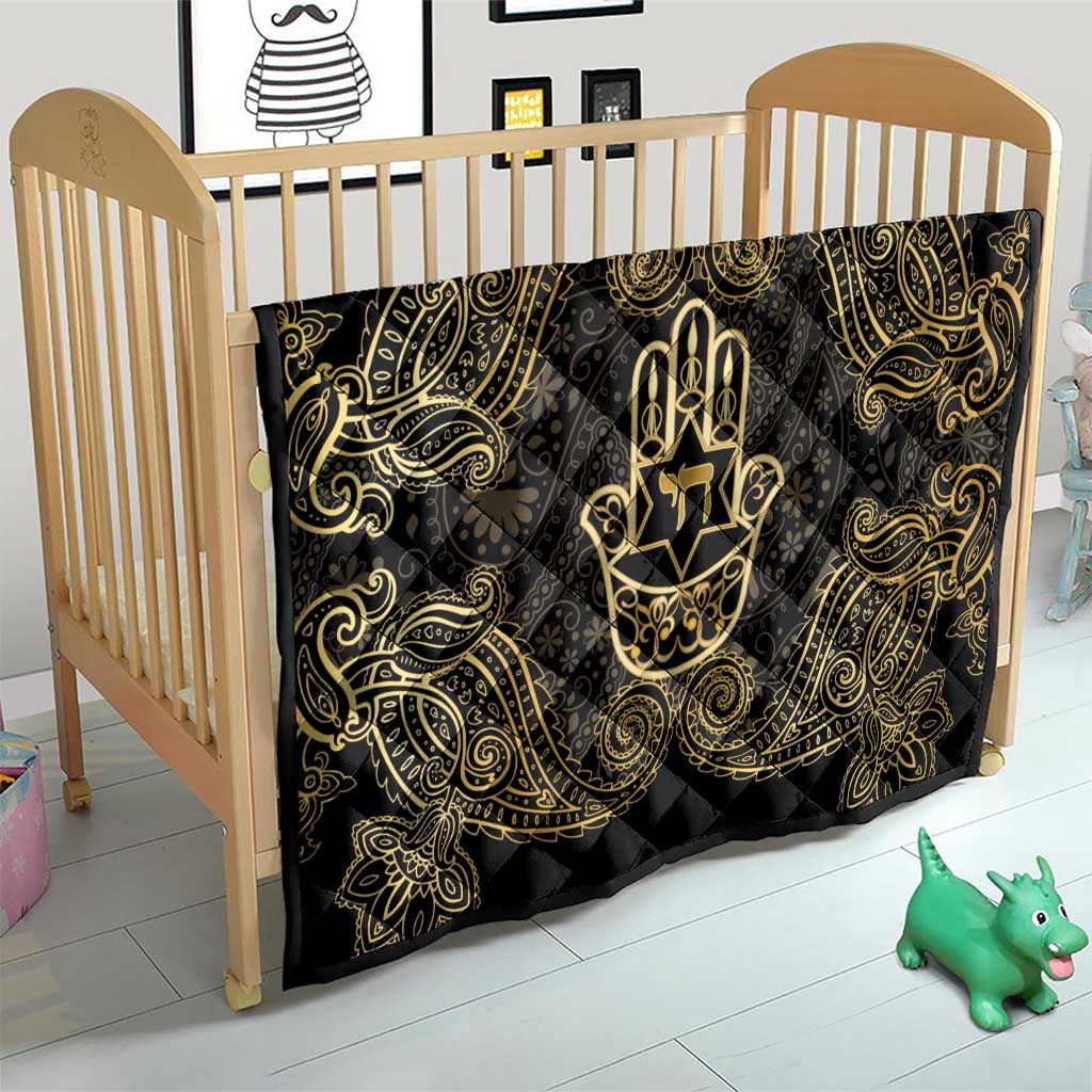 Jewish Hamsa Chai Quilt Gold Paisley Pattern