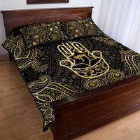 Jewish Hamsa Chai Quilt Bed Set Gold Paisley Pattern