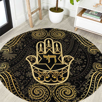 Jewish Hamsa Chai Round Carpet Gold Paisley Pattern