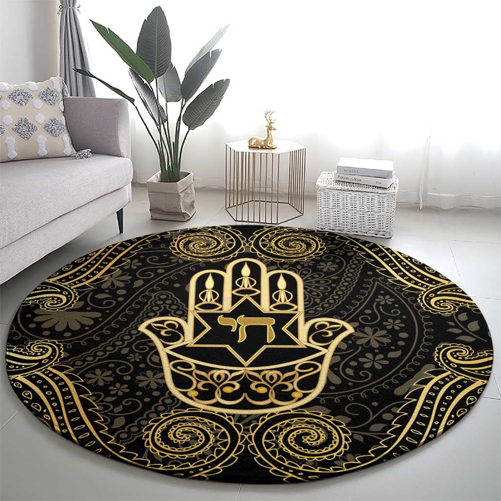 Jewish Hamsa Chai Round Carpet Gold Paisley Pattern