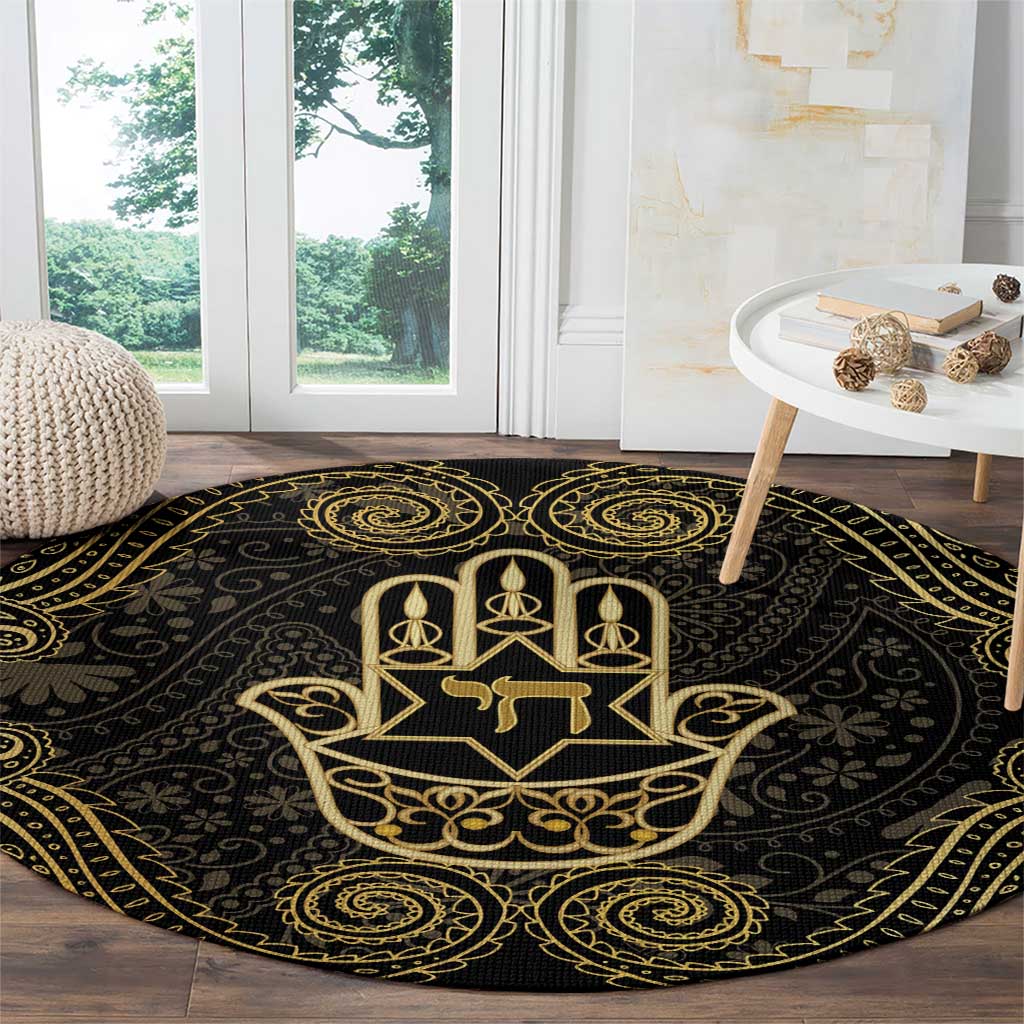 Jewish Hamsa Chai Round Carpet Gold Paisley Pattern