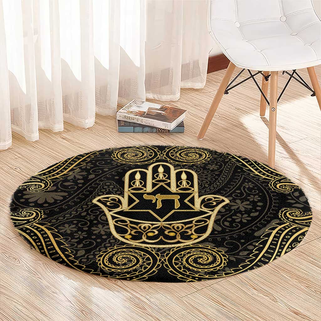Jewish Hamsa Chai Round Carpet Gold Paisley Pattern