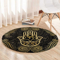 Jewish Hamsa Chai Round Carpet Gold Paisley Pattern