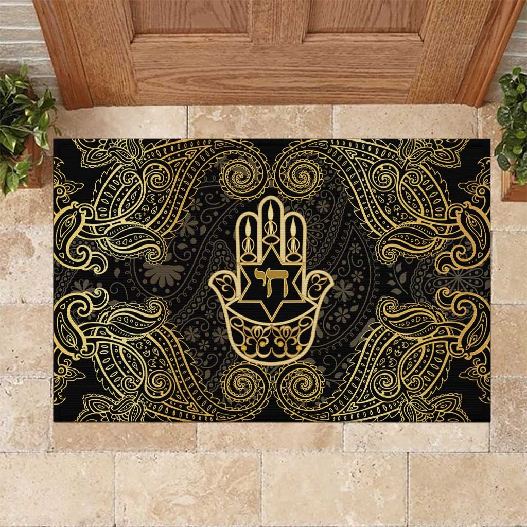 Jewish Hamsa Chai Rubber Doormat Gold Paisley Pattern