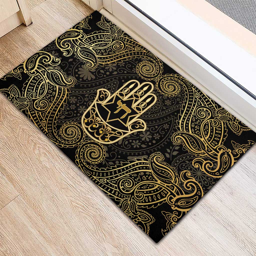 Jewish Hamsa Chai Rubber Doormat Gold Paisley Pattern