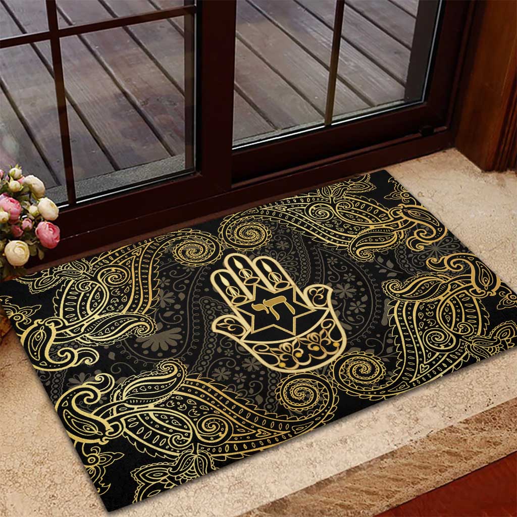 Jewish Hamsa Chai Rubber Doormat Gold Paisley Pattern