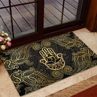 Jewish Hamsa Chai Rubber Doormat Gold Paisley Pattern