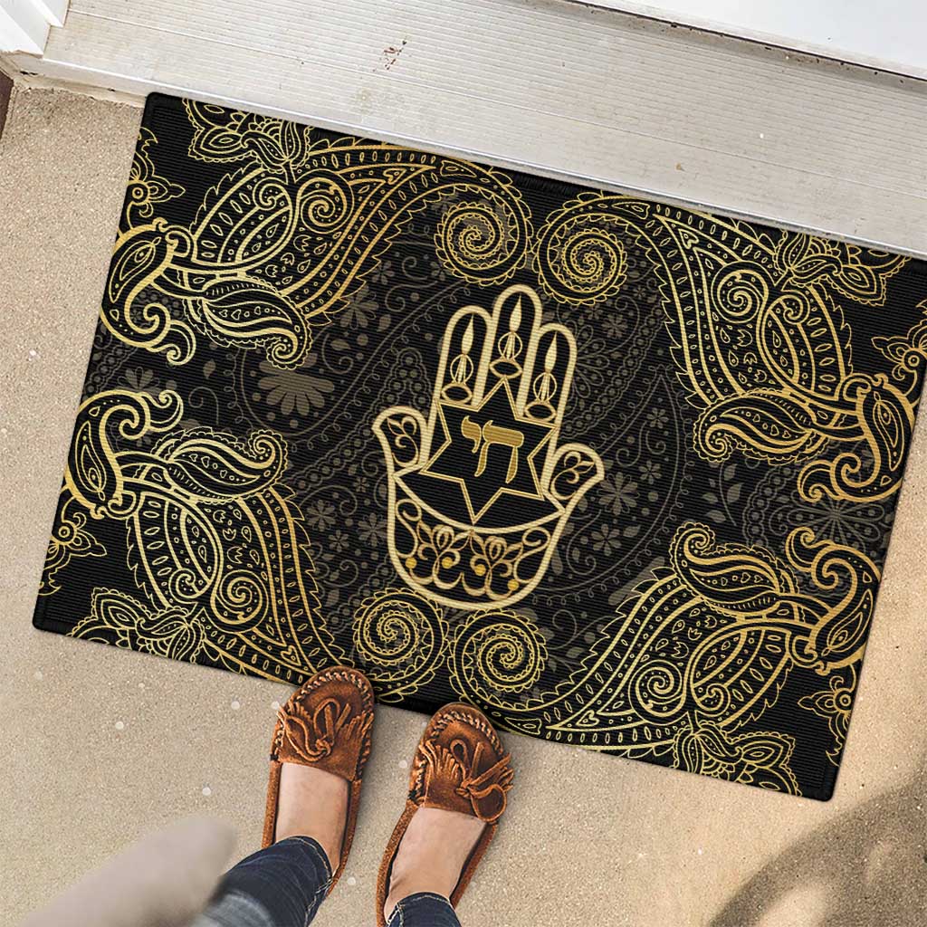 Jewish Hamsa Chai Rubber Doormat Gold Paisley Pattern