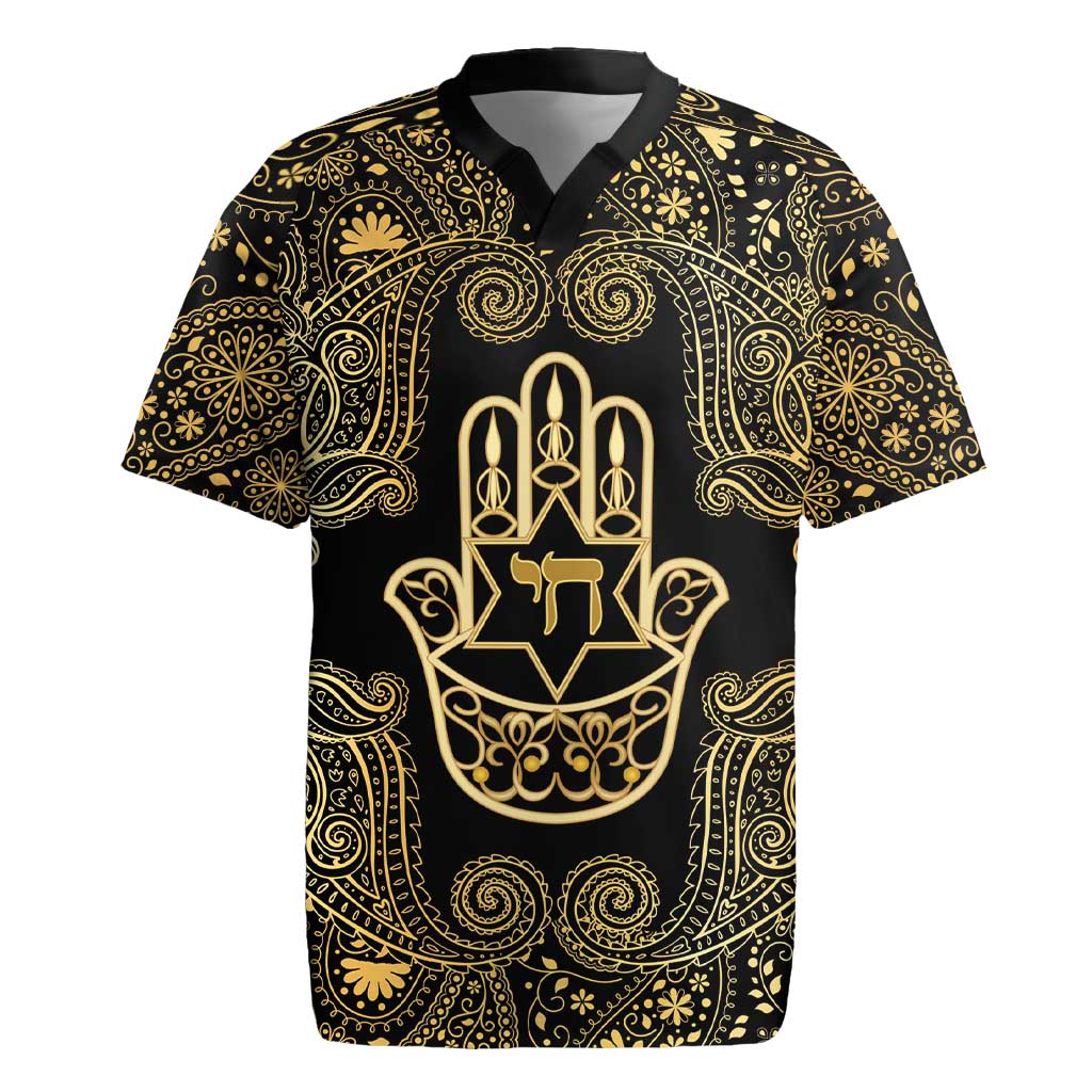 Jewish Hamsa Chai Rugby Jersey Gold Paisley Pattern