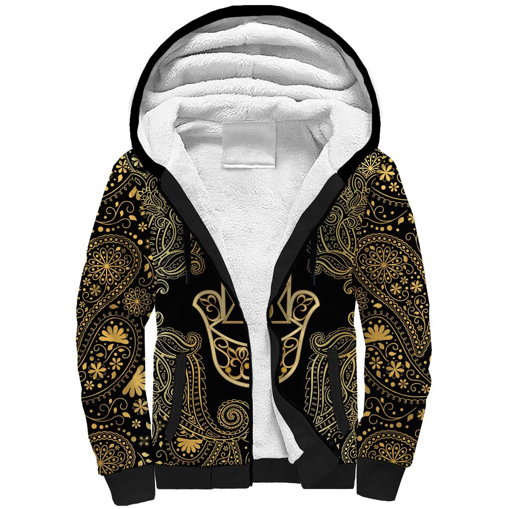 Jewish Hamsa Chai Sherpa Hoodie Gold Paisley Pattern