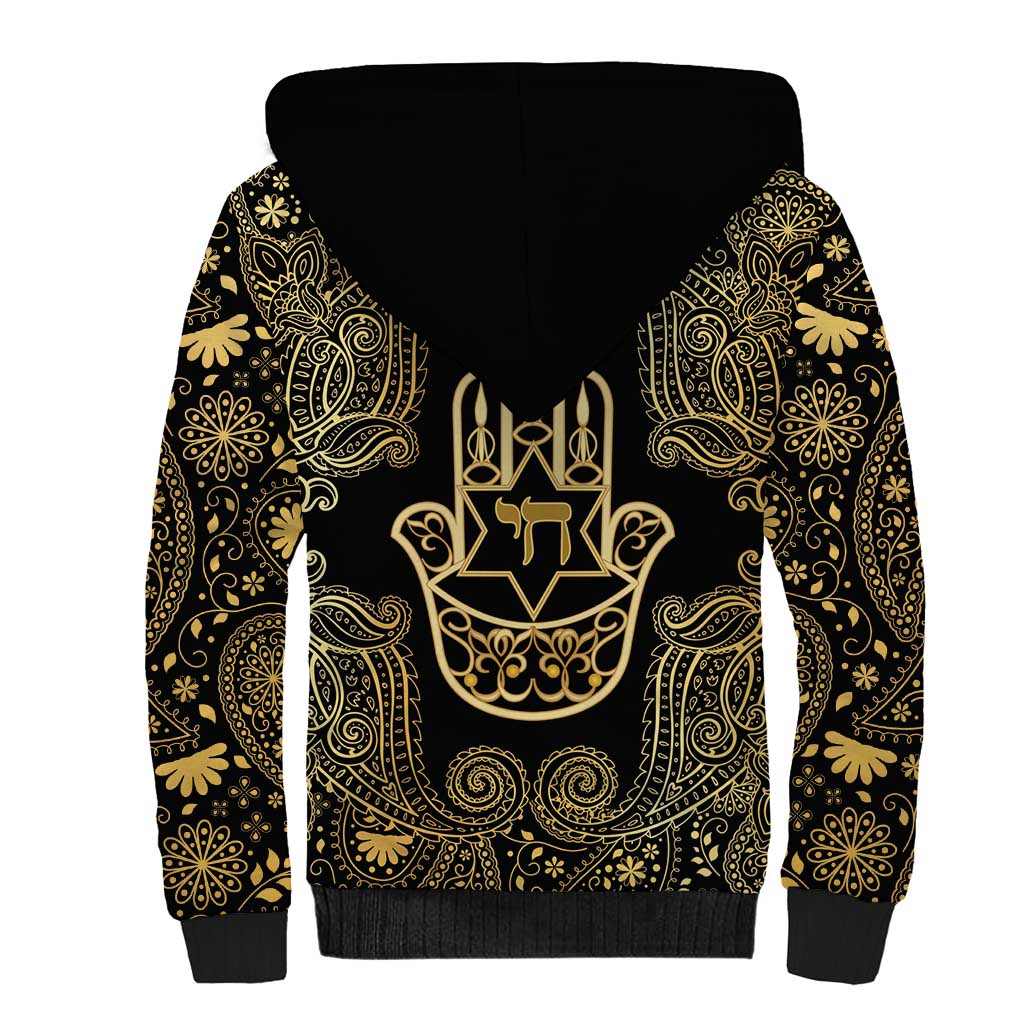 Jewish Hamsa Chai Sherpa Hoodie Gold Paisley Pattern