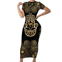 Jewish Hamsa Chai Short Sleeve Bodycon Dress Gold Paisley Pattern