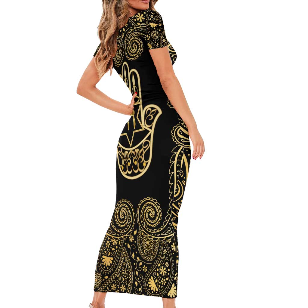 Jewish Hamsa Chai Short Sleeve Bodycon Dress Gold Paisley Pattern
