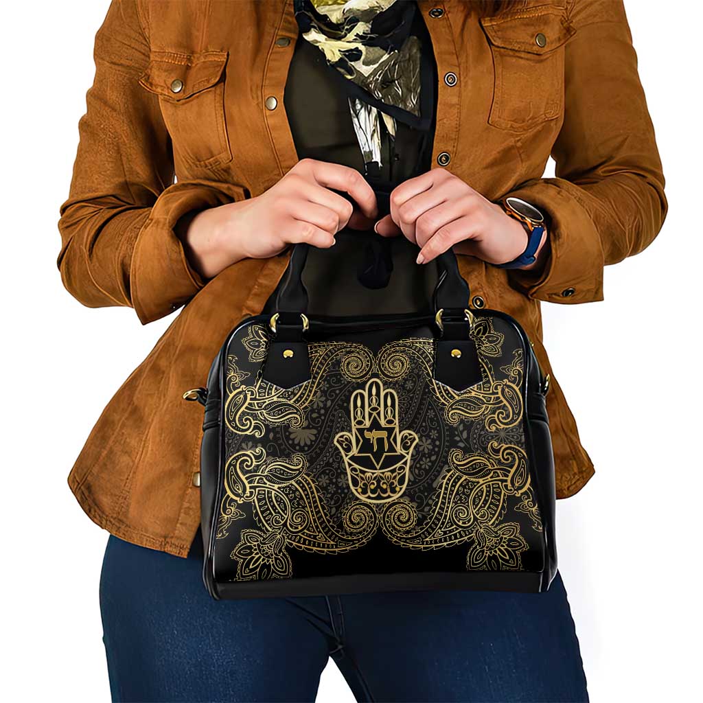 Jewish Hamsa Chai Shoulder Handbag Gold Paisley Pattern