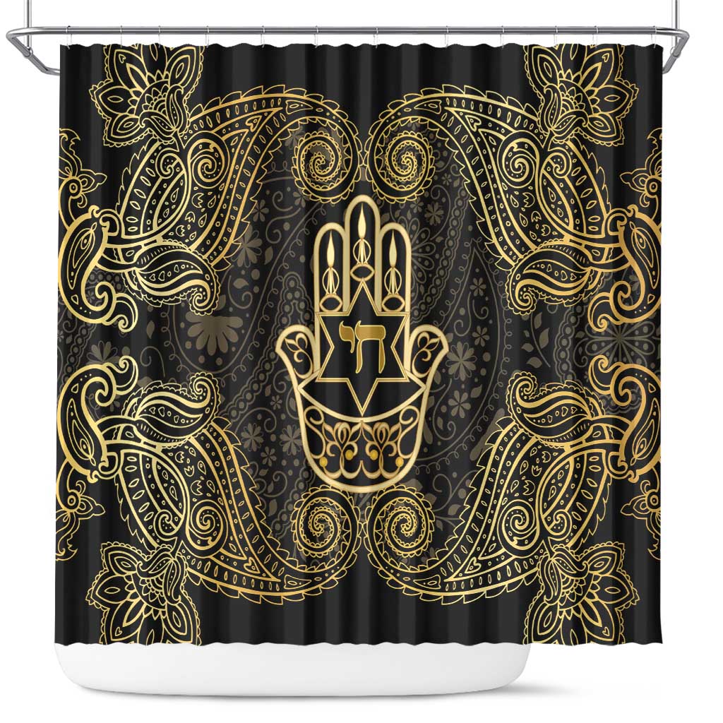 Jewish Hamsa Chai Shower Curtain Gold Paisley Pattern