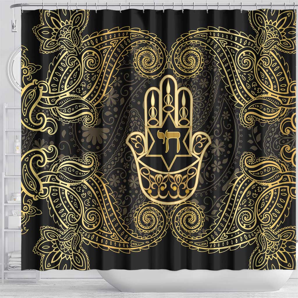 Jewish Hamsa Chai Shower Curtain Gold Paisley Pattern