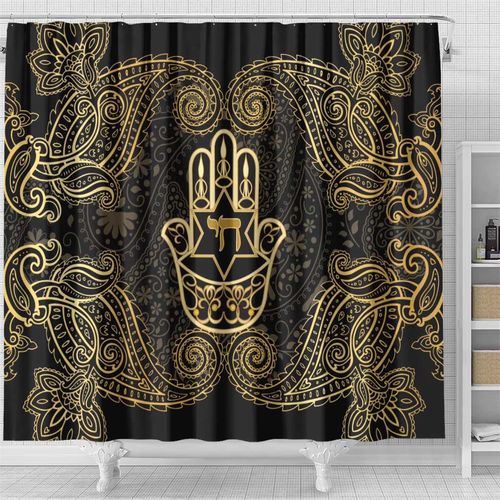 Jewish Hamsa Chai Shower Curtain Gold Paisley Pattern