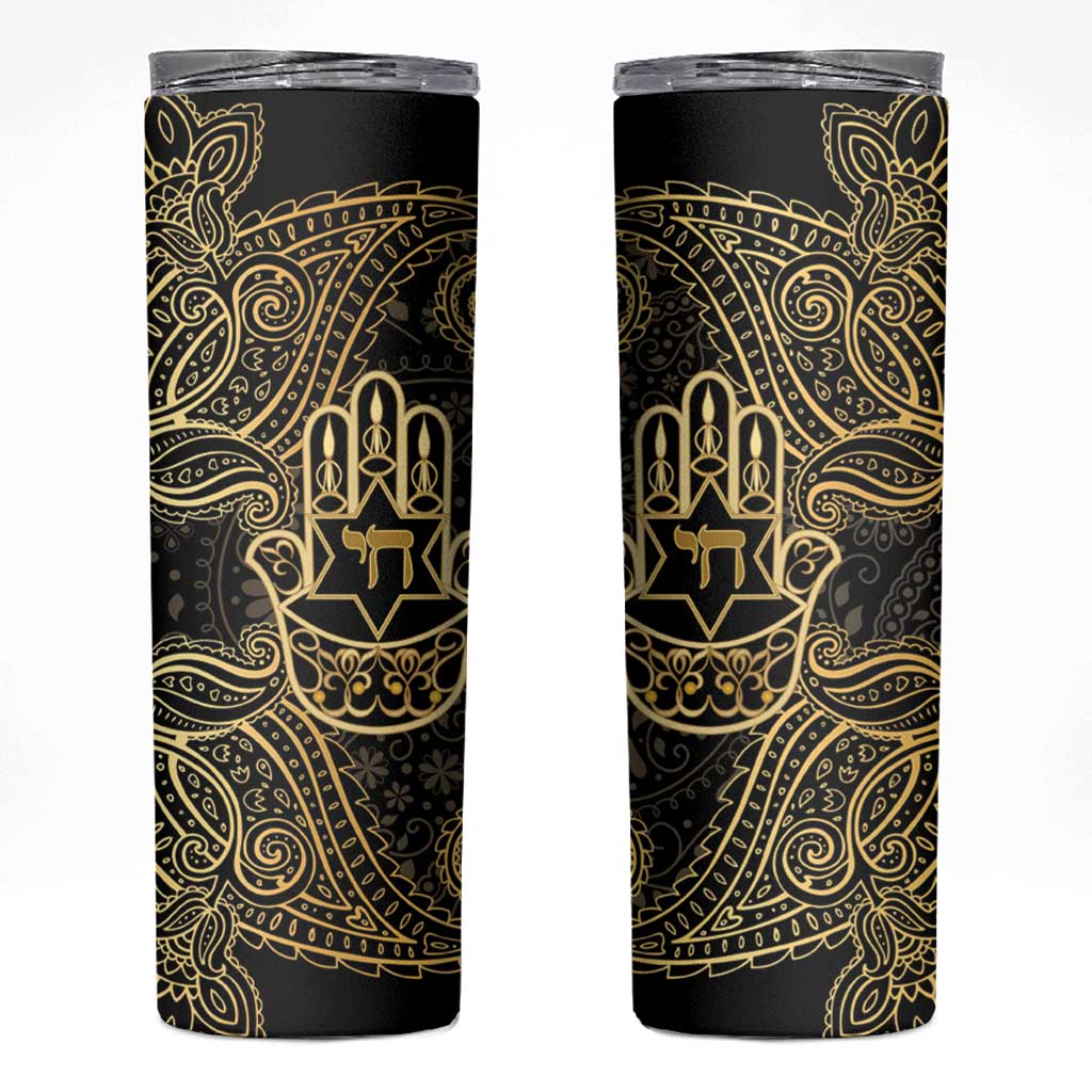 Jewish Hamsa Chai Skinny Tumbler Gold Paisley Pattern