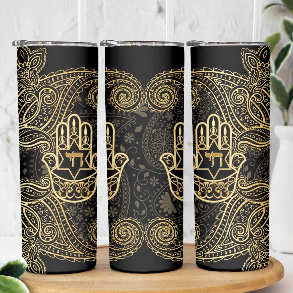 Jewish Hamsa Chai Skinny Tumbler Gold Paisley Pattern