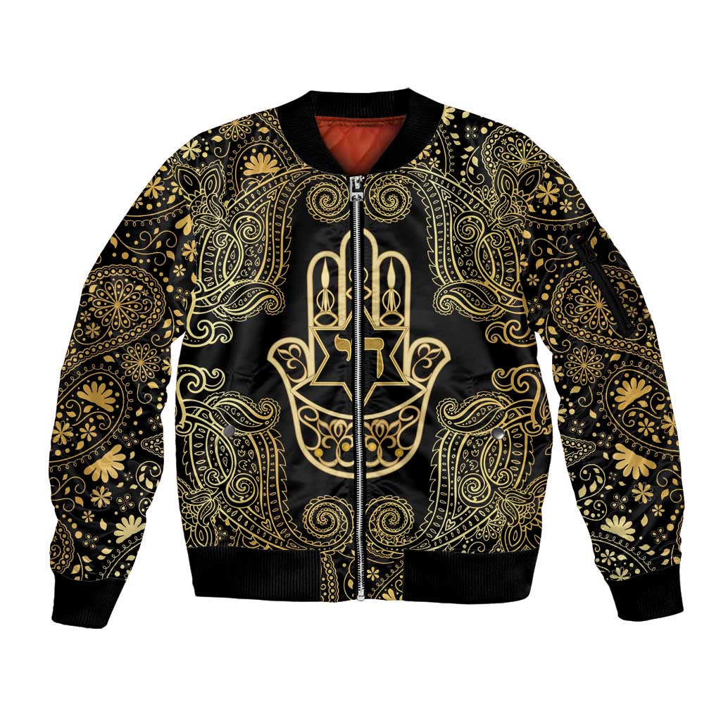 Jewish Hamsa Chai Sleeve Zip Bomber Jacket Gold Paisley Pattern